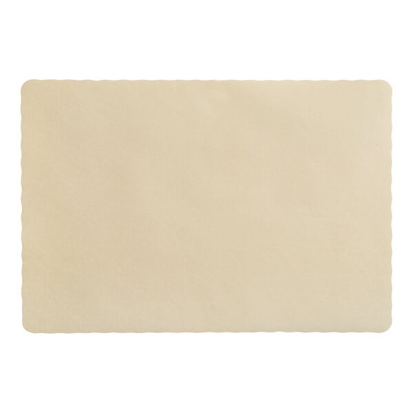 A beige colored paper placemat with scalloped edges.