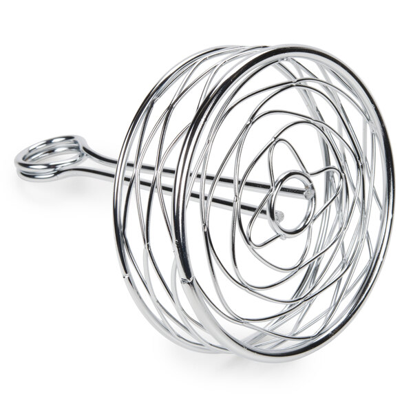 A chrome metal birdnest condiment caddy with card holder.