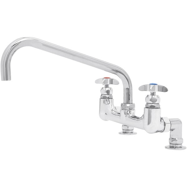 A chrome T&S deck-mounted faucet with red and blue knobs.
