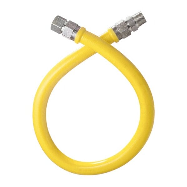 A yellow flexible hose with silver connectors.