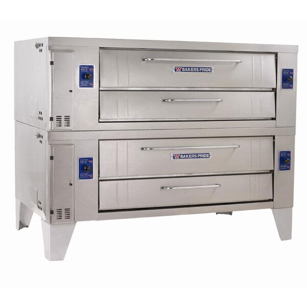 A large stainless steel Bakers Pride double deck pizza oven.