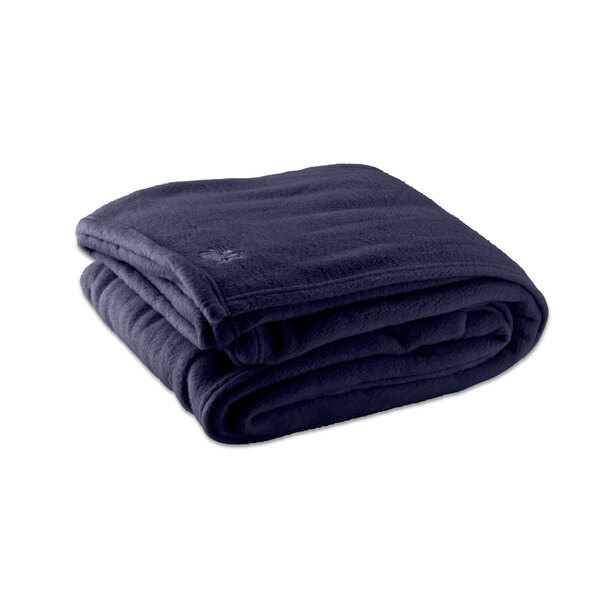 A folded navy blue Oxford fleece blanket on a white background.