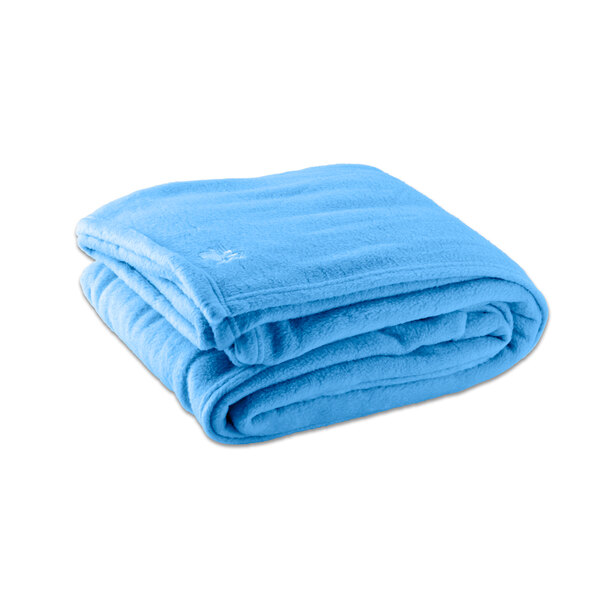 An Oxford light blue king size fleece hotel blanket folded on a white background.