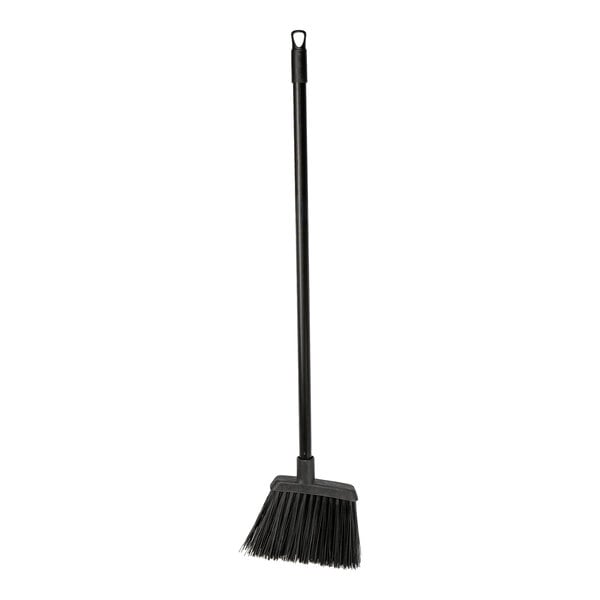 A warehouse broom with black unflagged bristles and a long black handle.