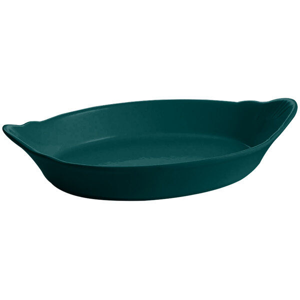 A Tablecraft hunter green oval au gratin dish with handles.