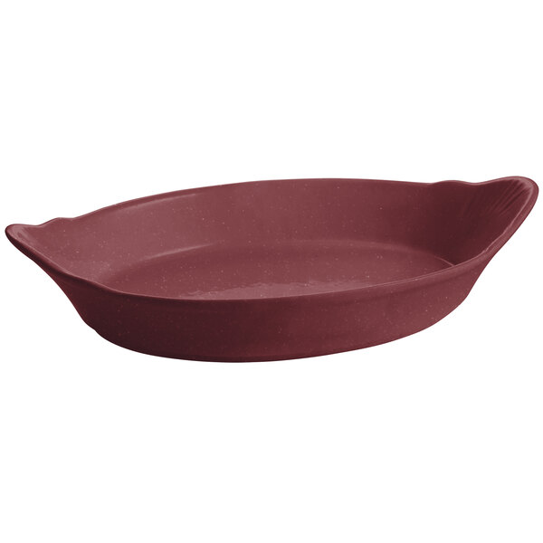 A maroon oval Tablecraft Au Gratin dish.