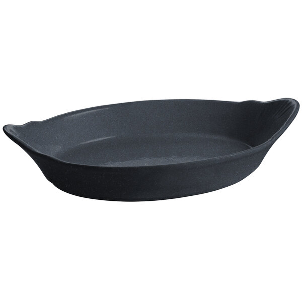 A black oval Tablecraft au gratin dish with handles.