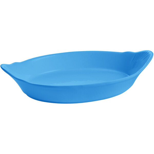 A Tablecraft sky blue oval au gratin dish.