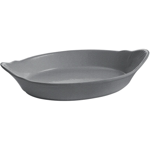 A gray oval shaped Tablecraft granite au gratin dish.