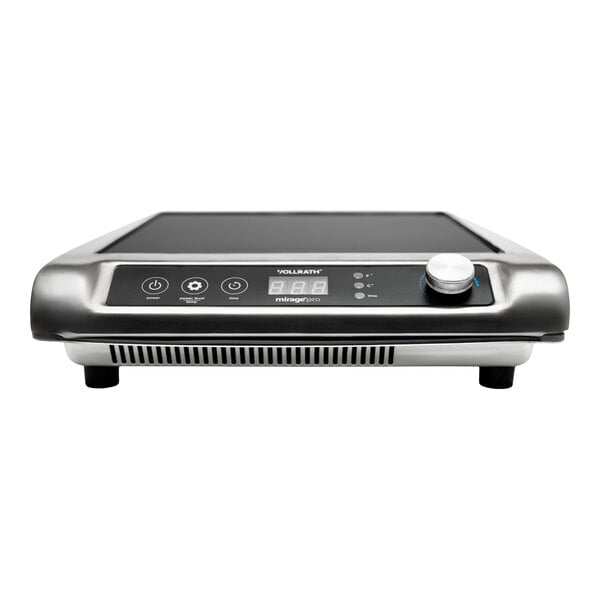 A countertop induction range with a digital control panel and a single knob, designed for commercial or home use.