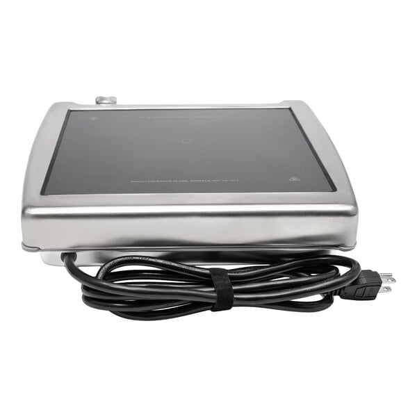 A stainless steel countertop induction range with a black glass cooking surface and an attached power cord.
