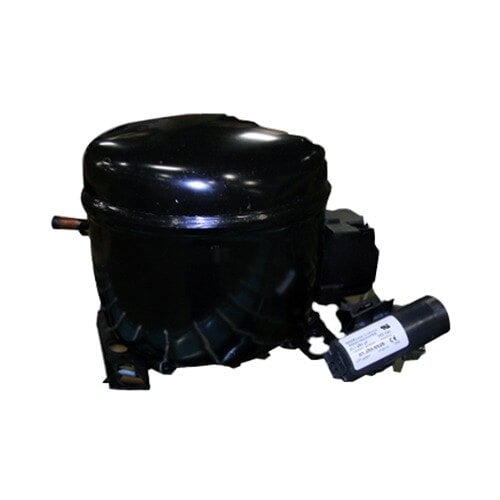 A black round True refrigeration compressor with a copper pipe.