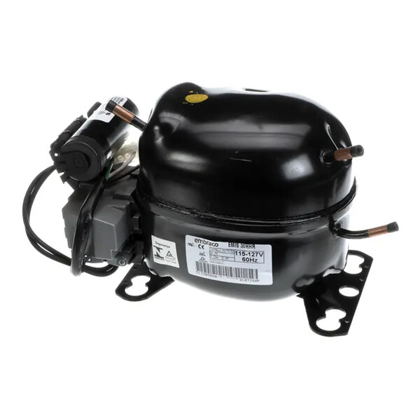 A black, dome-shaped mechanical component with attached wiring and metal mounting brackets, featuring a label with technical specifications.