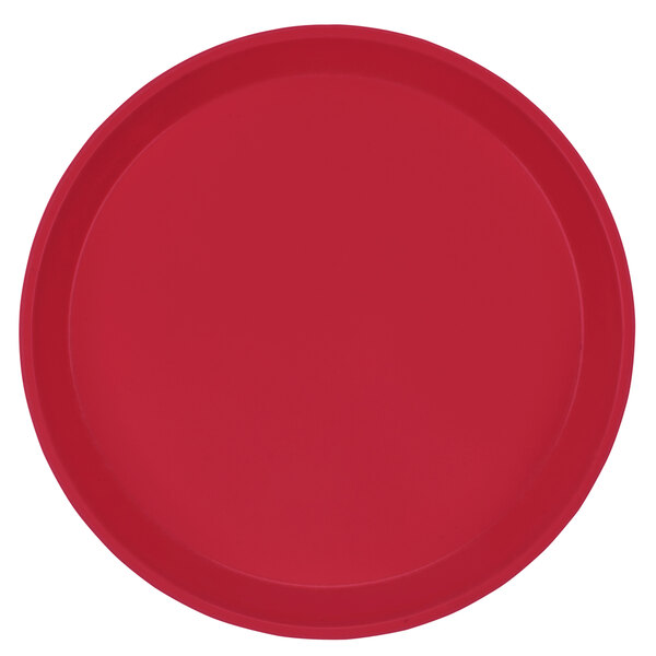 A red fiberglass tray with a white border.