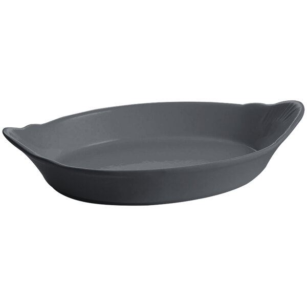 A gray oval shaped Tablecraft au gratin dish.