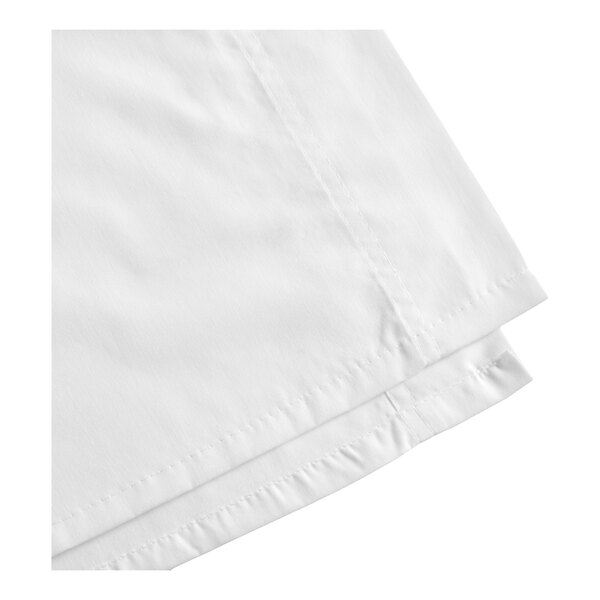 A white queen size flat sheet with stitched edges.