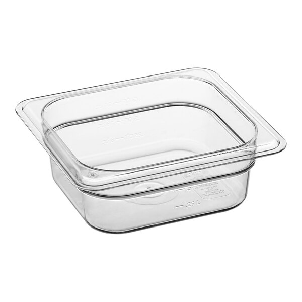 A Carlisle clear plastic food pan with a lid.