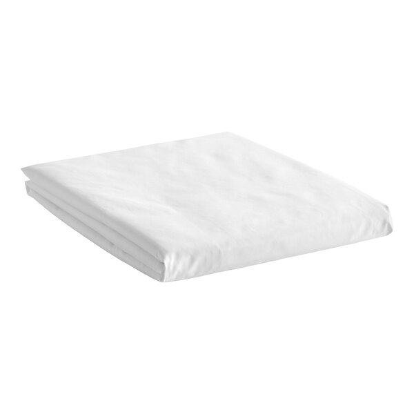 A folded white queen size cotton and polyester flat sheet.