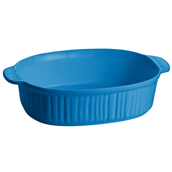 A blue oval Tablecraft casserole dish with ridges.