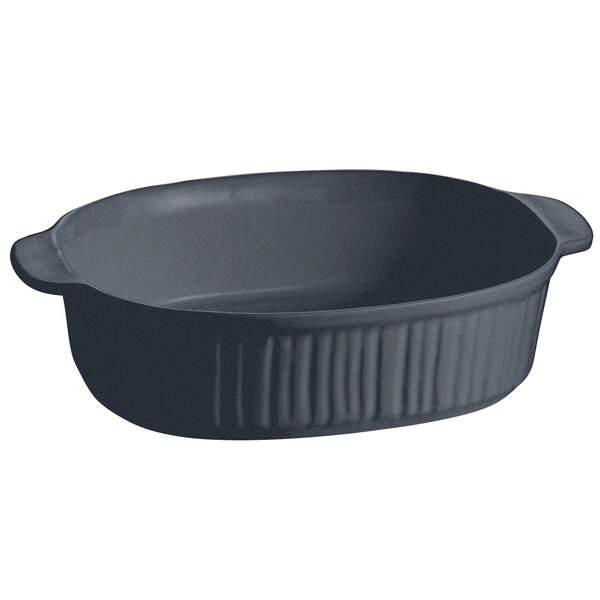 A black oval Tablecraft casserole dish with ridges.