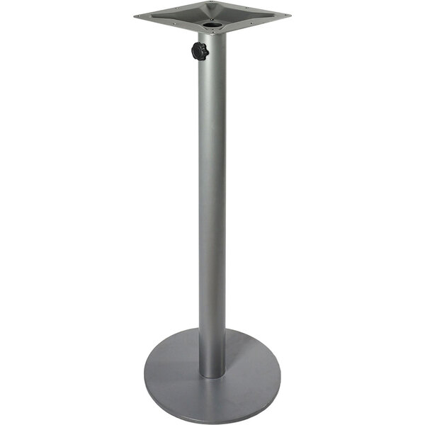 A silver metal BFM Seating Margate bar height table base with a round pedestal.