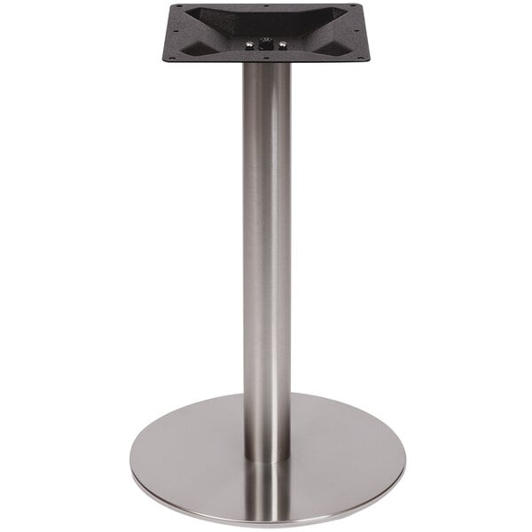A BFM Seating stainless steel table base on a white surface.