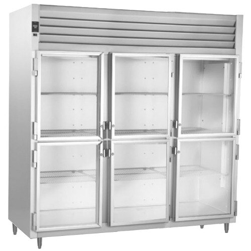 A white Traulsen reach-in refrigerator with glass half doors.