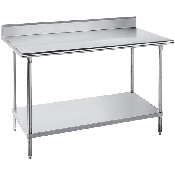 A stainless steel Advance Tabco work table with undershelf and backsplash.