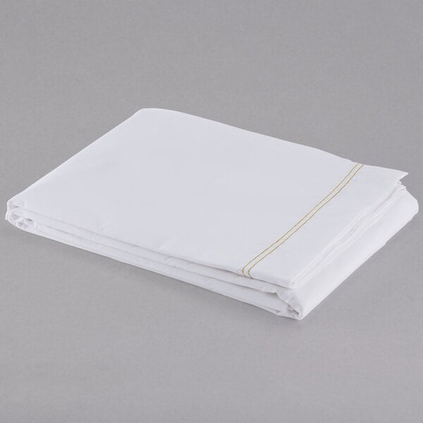 A folded white Oxford T200 Superblend king size flat sheet with yellow stitching.