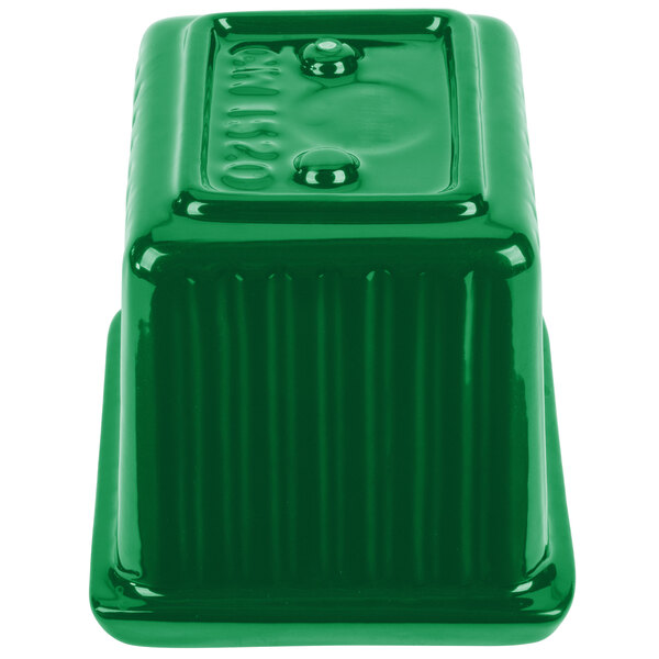 A green rectangular Tablecraft cast aluminum server.