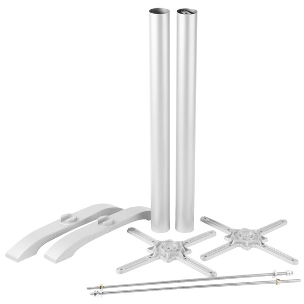 A set of white metal BFM Seating Margate bar height table bases with metal rods and poles.