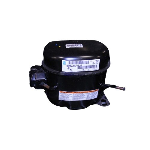 A black True refrigeration compressor with a white label.