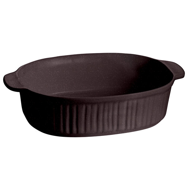 A black oval Tablecraft casserole dish with ridges.