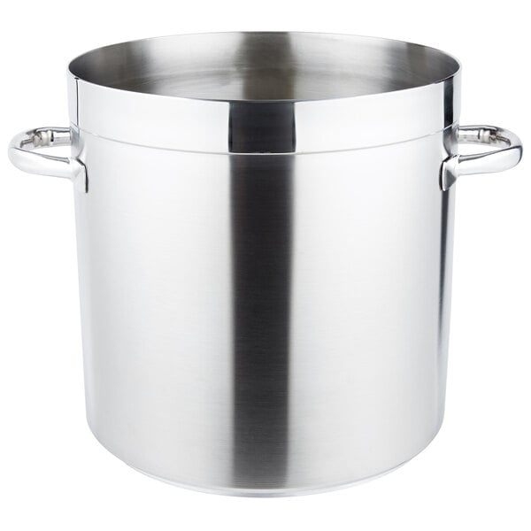 A large stainless steel Vollrath stock pot with handles.