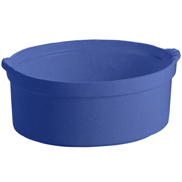 A blue Tablecraft shell casserole dish with a handle.