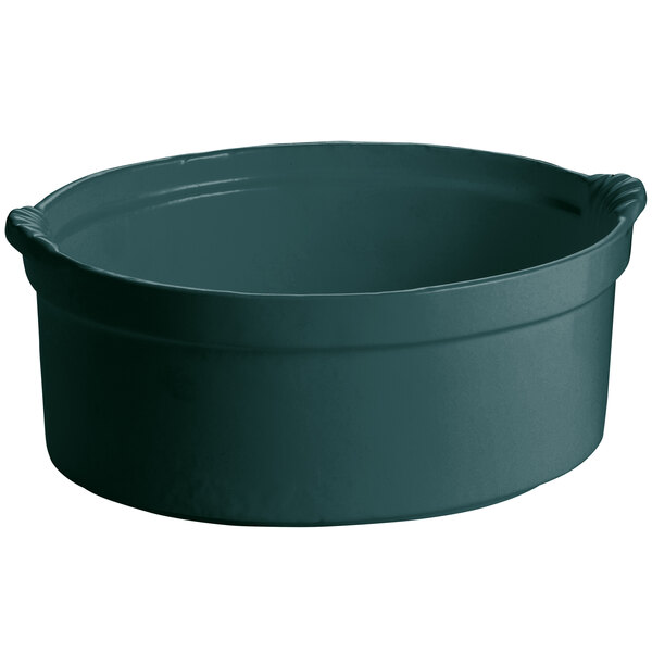 A hunter green Tablecraft shell casserole bowl with handles.