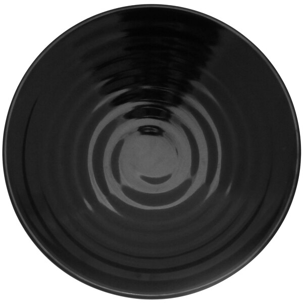 A black Elite Global Solutions melamine bowl with a spiral design.