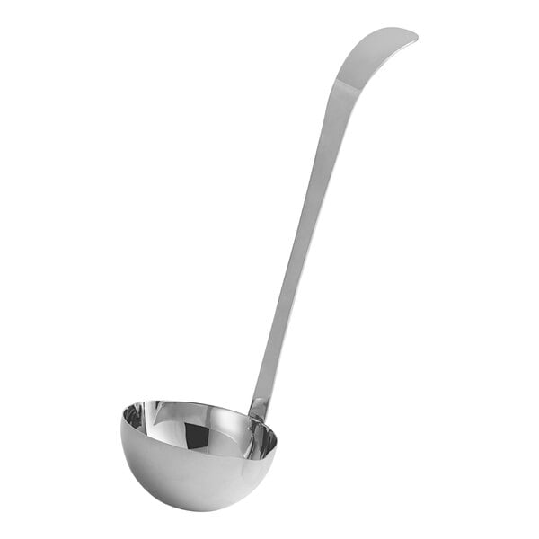 A silver Vollrath ladle with a long handle.