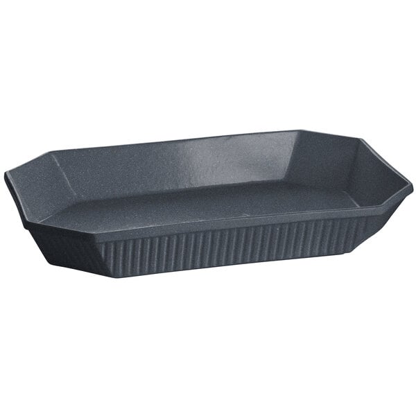 A black octagon Tablecraft casserole dish with a blue speckled interior.