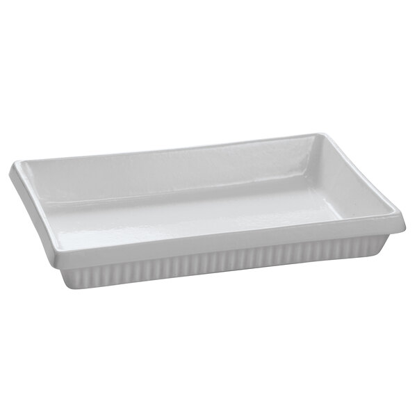 A gray rectangular cast aluminum casserole dish with a handle.
