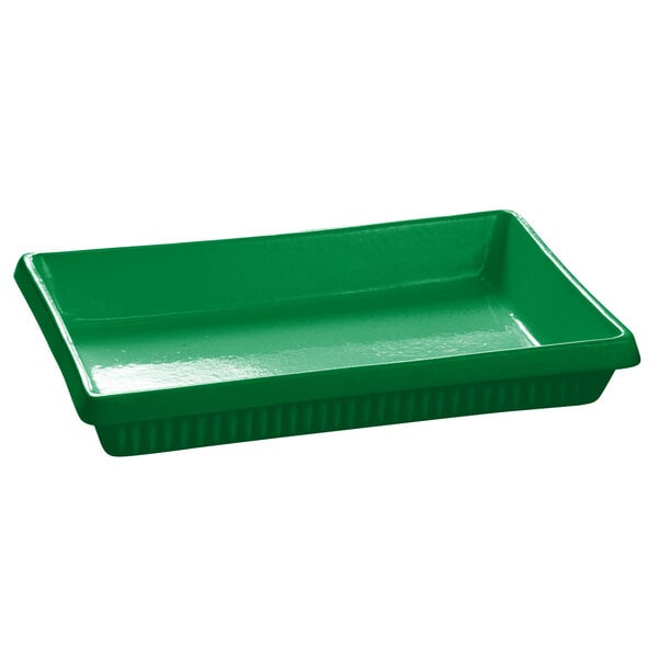 A green rectangular Tablecraft cast aluminum casserole dish with a handle.