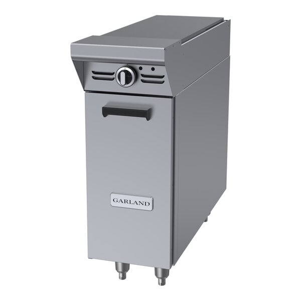 A stainless steel Garland Master Series natural gas 12-inch even heat hot top range attachment with a storage base.