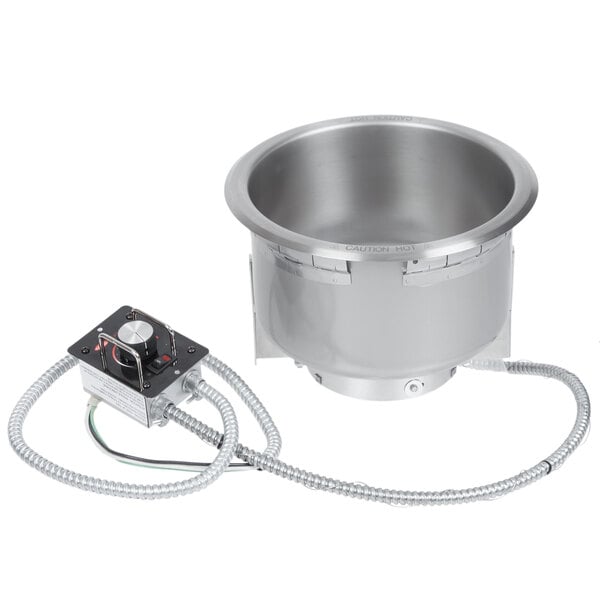 A stainless steel Hatco drop-in heated soup well with a wire attached.