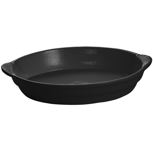 A black oval Tablecraft cast aluminum casserole dish with handles.