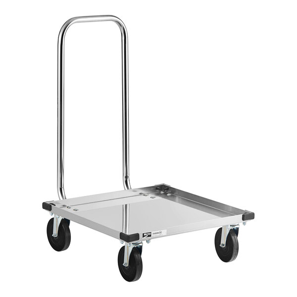 A heavy duty aluminum dish rack dolly with a handle and four wheels.
