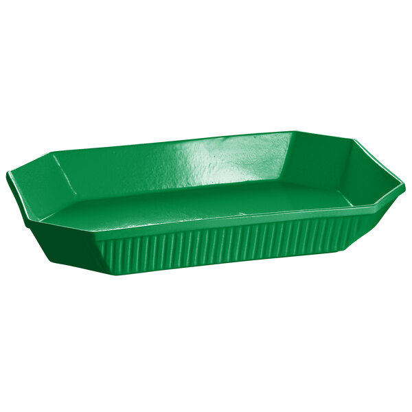 A green cast aluminum octagon casserole dish.