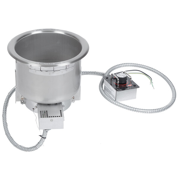 A close up of a silver Hatco drop-in heated soup well with a drain.