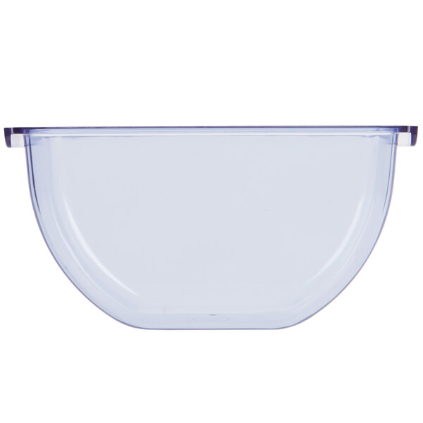 A clear plastic bowl with a curved edge.