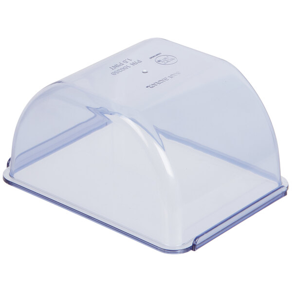 A San Jamar clear plastic container with a clear cover.