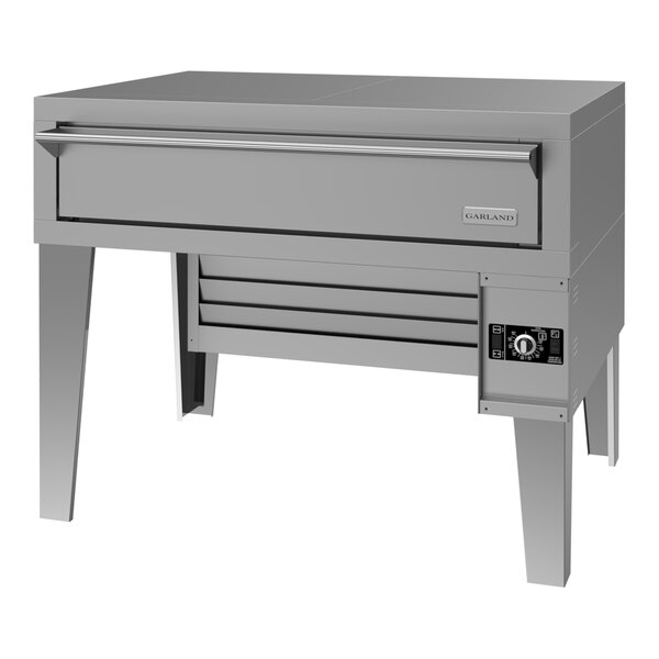 A large stainless steel commercial pizza oven with a front control panel and bottom-mounted power module.